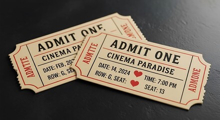 Two vintage style cinema admission tickets for cinema paradise with date and time details