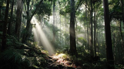 A sunlit forest path with tall trees and sunlight filtering through, creating a serene and magical atmosphere.