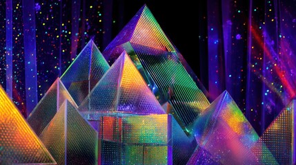 A colorful, abstract digital artwork featuring a series of geometric shapes and patterns in vibrant, rainbow hues.