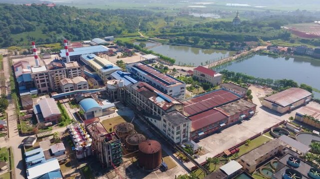 Aerial View of Large Industrial Sugar Factory Complex and Processing Plant