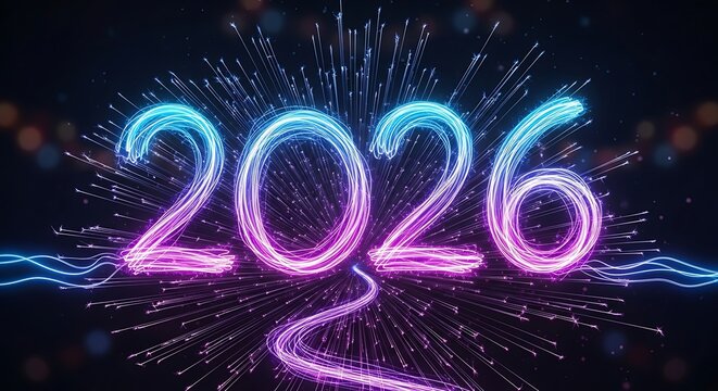 Glowing neon 2026 numbers with fireworks and electric trails - Powered by Adobe