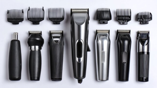 A collection of various hair clippers and trimmers arranged in a row on a white background.