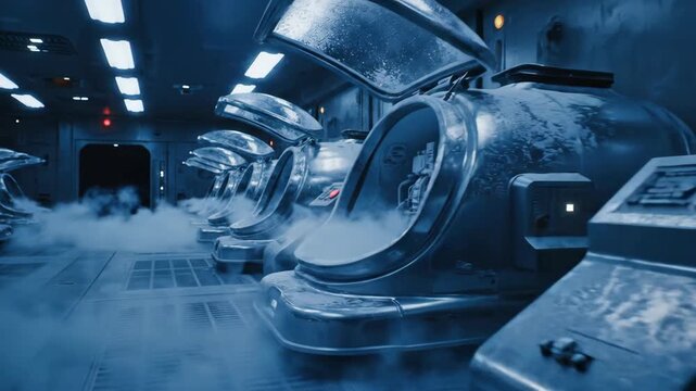Futuristic row of open, empty hypersleep pods emitting steam in a dimly lit laboratory