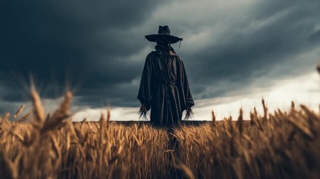 Dramatic scarecrow in golden wheat field under dark stormy sky. Rural autumn scene with foreboding atmosphere and harvest theme.