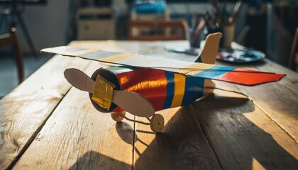 Colorful DIY Toy Airplane Craft from Cardboard Tubes Paper Wings on Rustic Wooden Table in Kids Art Studio with Supplies