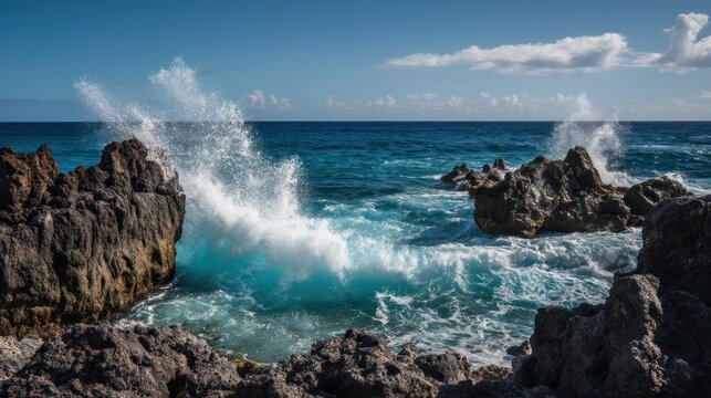 The image captures a dramatic scene of a wave crashing against a rocky shoreline, with splashes of water and foam creating a dynamic and powerful visual effect.