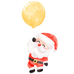 Watercolor Illustration of Santa Claus with Balloon, Cute Santa, Watercolor Christmas