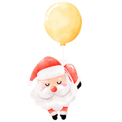Watercolor Illustration of Santa Claus with Balloon, Cute Santa, Watercolor Christmas