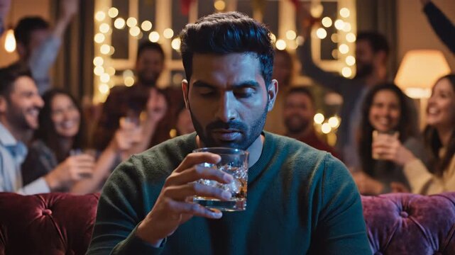 Pensive Man Holding Whiskey Glass at Vibrant Evening Party with Friends Celebrating in Background, Warm Festive Lights, Cozy Living Room Setting, Deep in Thought Amidst Joyful Atmosphere