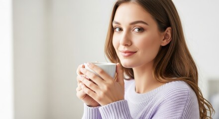young woman enjoying a warm beverage with a soft smile indoors