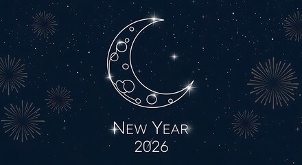 Sparkling crescent moon and fireworks for new year 2026 celebration