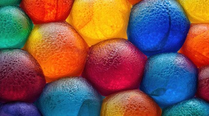 A vibrant array of colorful, translucent spheres, each with a unique hue, arranged in a seemingly random yet aesthetically pleasing pattern. 