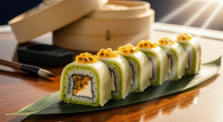 Japaneese cheesecake Row of six gourmet green sushi rolls topped with bright orange caviar, elegantly presented on a large green leaf with a wooden steamer basket.