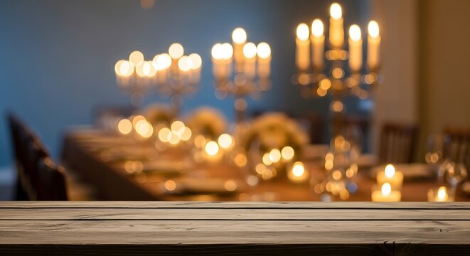 Elegant dinner table setting with candles and wooden surface foreground
