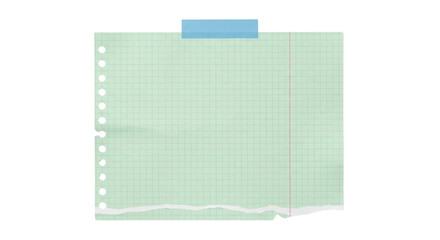 Blank green graph paper sheet ripped and taped isolated on white background