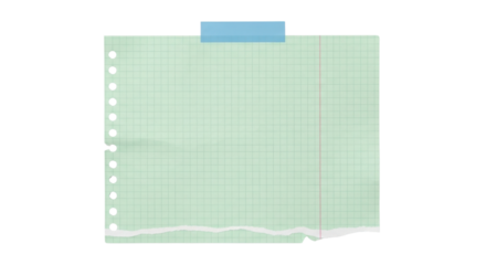 Blank green graph paper sheet ripped and taped isolated on white background