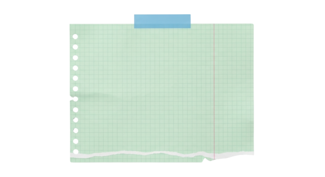 Blank green graph paper sheet ripped and taped isolated on white background