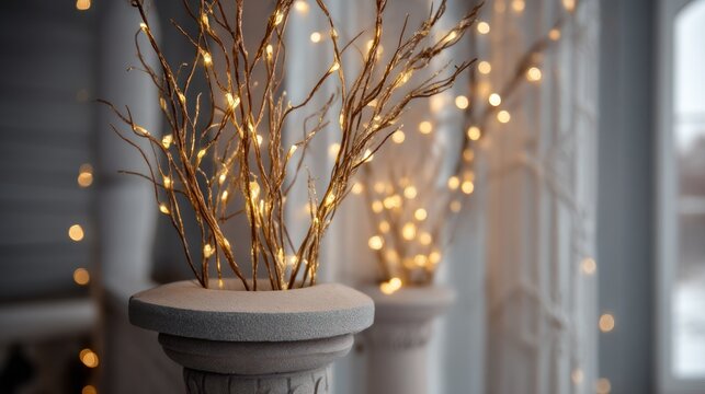 Two golden branches with fairy lights, placed on a white pedestal, against a blurred background with fairy lights.