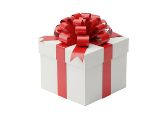 White gift box with red ribbon and bow, isolated on transparent background