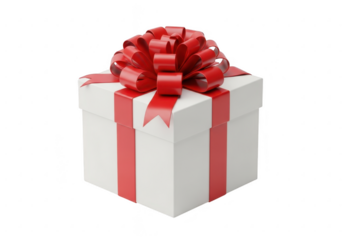 White gift box with red ribbon and bow, isolated on transparent background
