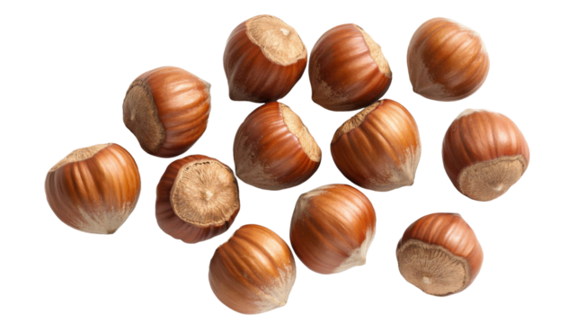 A collection of whole hazelnuts in their shells isolated on transparent background