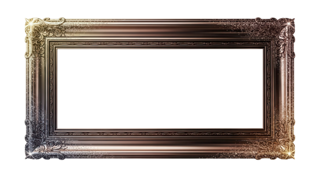 Wide, ornate, antique picture frame mockup isolated on white background with copy space