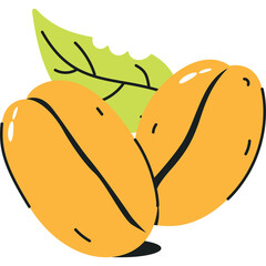 Two bright yellow coffee beans with a vibrant green leaf on a transparent background depicting natural produce and agriculture themes