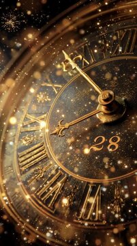 Close-up of an ornate golden clock face covered in sparkling particles, symbolizing the magical countdown to New Year&rsquo;s midnight. Warm tones and glitter create a luxurious festive atmosphere.