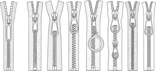 Zipper technical sketch, pull tab variations, slider shapes, teeth styles, fashion hardware, cad drawing flat vector illustration