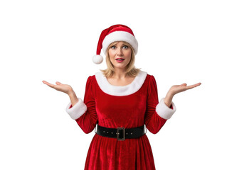Woman in santa costume with outstretched arms isolated on transparent background
