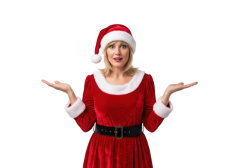 Woman in santa costume with outstretched arms isolated on transparent background