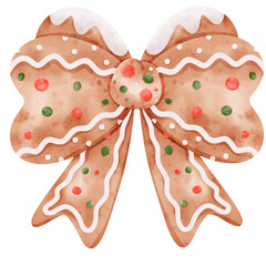 Cute Christmas Gingerbread Ribbon Watercolor Illustration - Festive Dessert Design Element