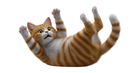 Isolated Orange Ginger Tabby Cat Falling Backwards with Startled Expression on White Background
