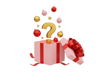 Pink gift box with christmas ornaments and question mark isolated on transparent background