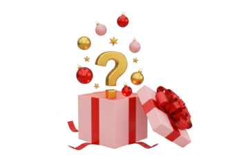 Pink gift box with christmas ornaments and question mark isolated on transparent background
