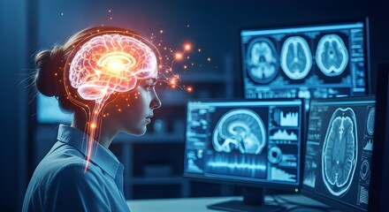 Neuroscience Research and Data Analysis - Woman Working with Holographic Brain Scan