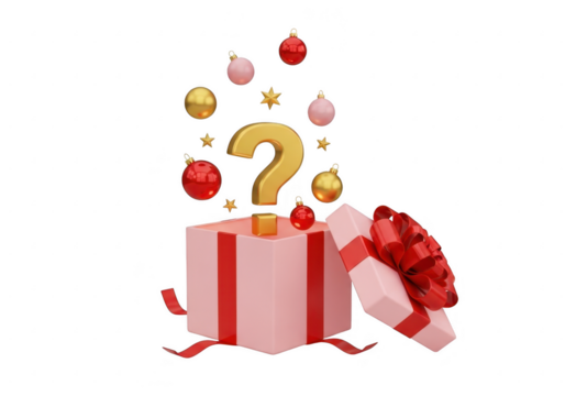 Pink gift box with christmas ornaments and question mark isolated on transparent background