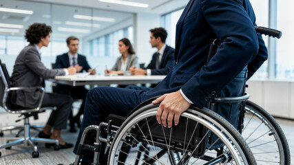 Business professional in wheelchair wearing navy blue suit with hand on rim in modern inclusive office meeting environment
