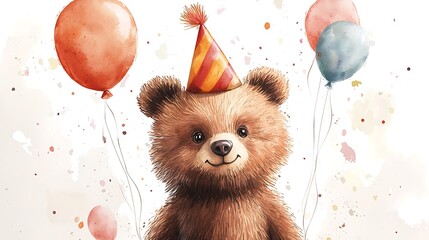 Brown Bear in Party Hat with Orange and Pink Balloons Image