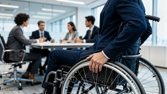 Business professional in wheelchair wearing navy blue suit with hand on rim in modern inclusive office meeting environment - Powered by Adobe