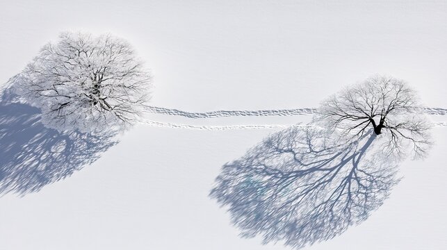 An aerial view of two solitary trees, their branches adorned with frost, standing in a vast, snow-covered landscape. Footprints create a path between them, and