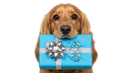 Cute Golden Cocker Spaniel Dog Holding Bright Blue Gift Box Isolated on White Background