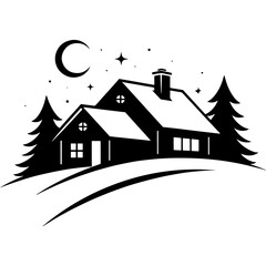 Winter resort house under the starry night sky. Engraving minimalistic vector in black ink drawing on transparent background