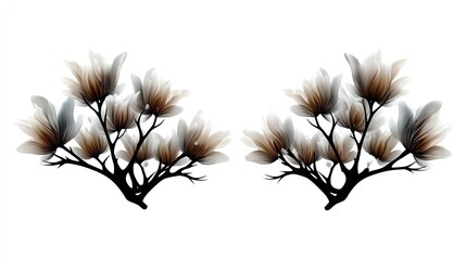 Two stylized branches with blooming magnolia flowers, featuring translucent petals in shades of white, grey, and brown, set against a clean white background.