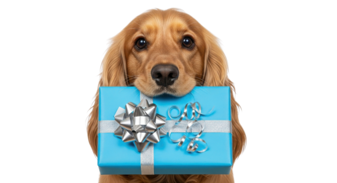 Cute Golden Cocker Spaniel Dog Holding Bright Blue Gift Box Isolated on White Background
