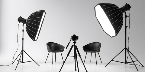 Professional Photo Studio Setup with Lighting Equipment and Camera on Tripod