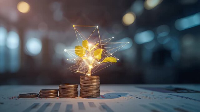 Conceptual image of coins with growing plant and network connections