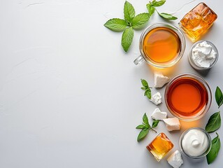 Overhead view of two clear glass cups filled with amber liquid, likely tea, alongside small bowls of white cream, cubes of honey, and fresh mint leaves arranged