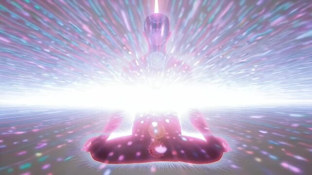 Meditating figure with chakra symbols and energy background