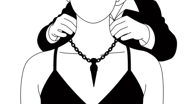 Man puts necklace on woman, a modern love gesture of affection